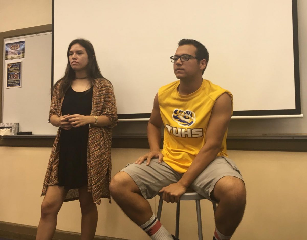 Jacob Gonzales and Sarah Lopez addressing students at the meeting