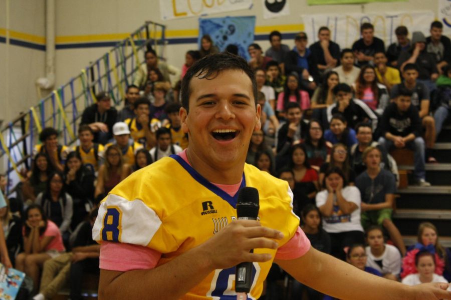 Jacob Gonzales was animated as he enjoyed announcing the game winners at the rally.