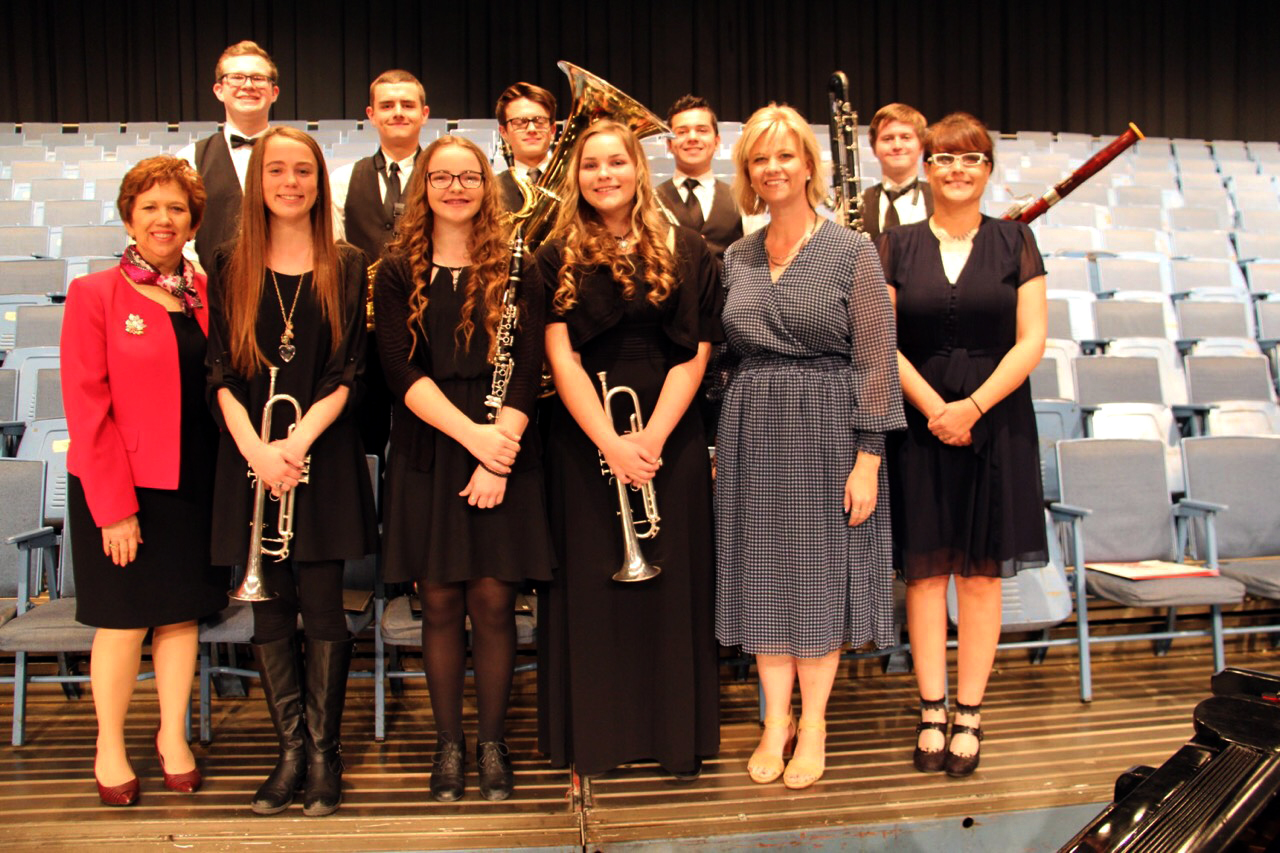Front row: Superintendent, Dr. Cavaos, Kylie Campbell, Raygan Wescott, Taylor Reed, principal, Mrs. Finn, band director, Mrs. Posey
Second Row: Tanner Ashmore, Dennis Posey, Ricky Posey, Luis Moncada, Nathaniel Morris