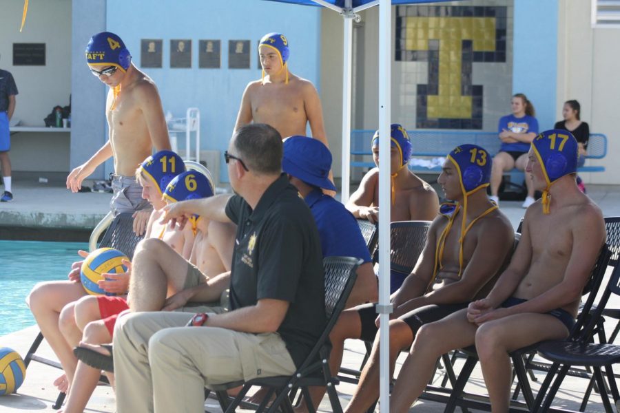 The Taft High water polo team next to the pool. 