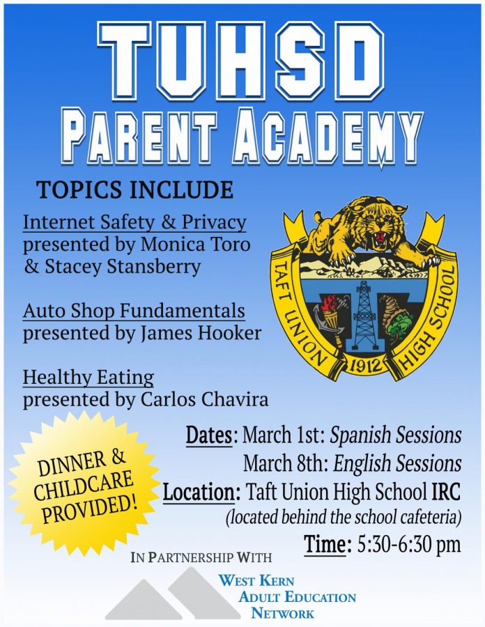 Parent Academy flyer showing the dates and times for the sessions.
