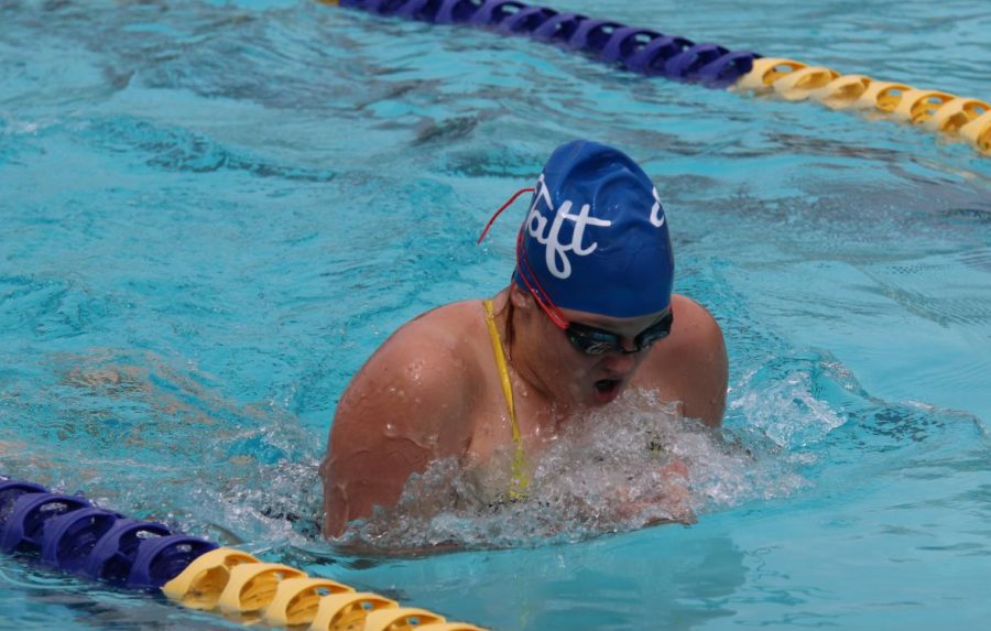 Julie Bowser-Heimiller doing the breaststroke for the 200 Individual Medley.