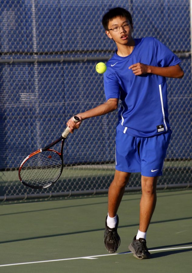 Tyler Nguyen, pictured in his doubles win against Frontier there Feb. 27, won both his matches against Arvin to improve his record to a team high 9-1. 
