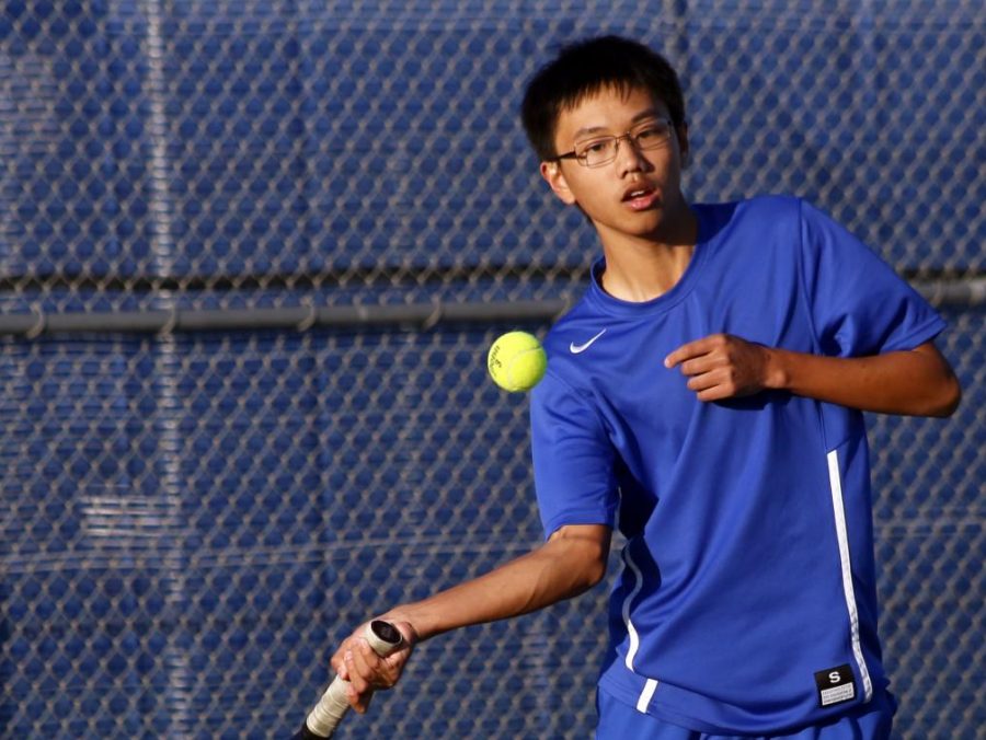 Tyler Nguyen, pictured in his doubles win against Frontier there Feb. 27, won both his matches against Arvin to improve his record to a team high 9-1. 
