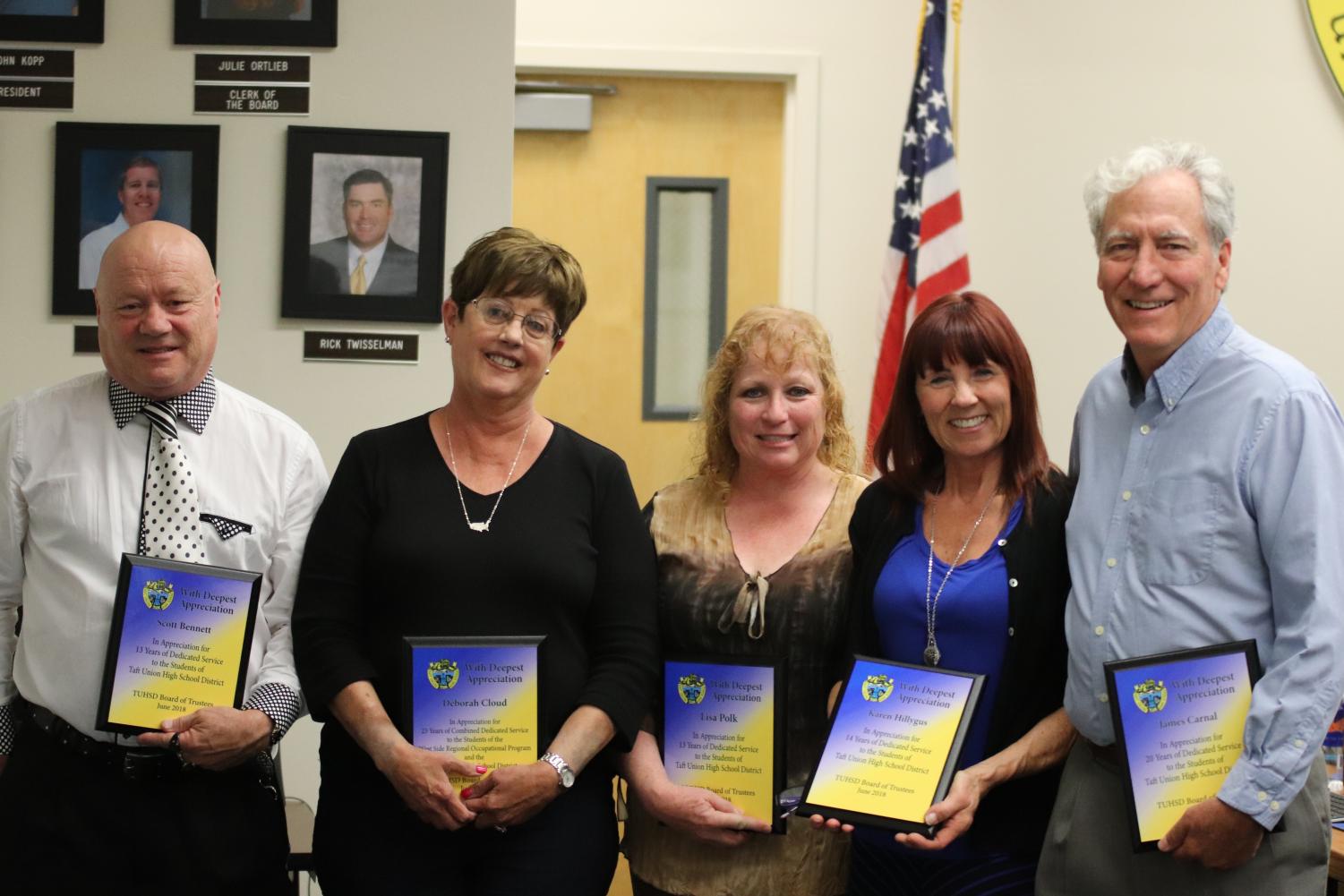 Scott Bennett, Debbie Cloud, Lisa Polk, Karen Hillygus, and Jim Carnal received plaques representing years of dedication to teaching at the Taft Union High School District during the May board meeting (not present/pictured: David Skowron, Julee Skowron, Bennett Johnson, Gene Conners, and Harold Heiter)
