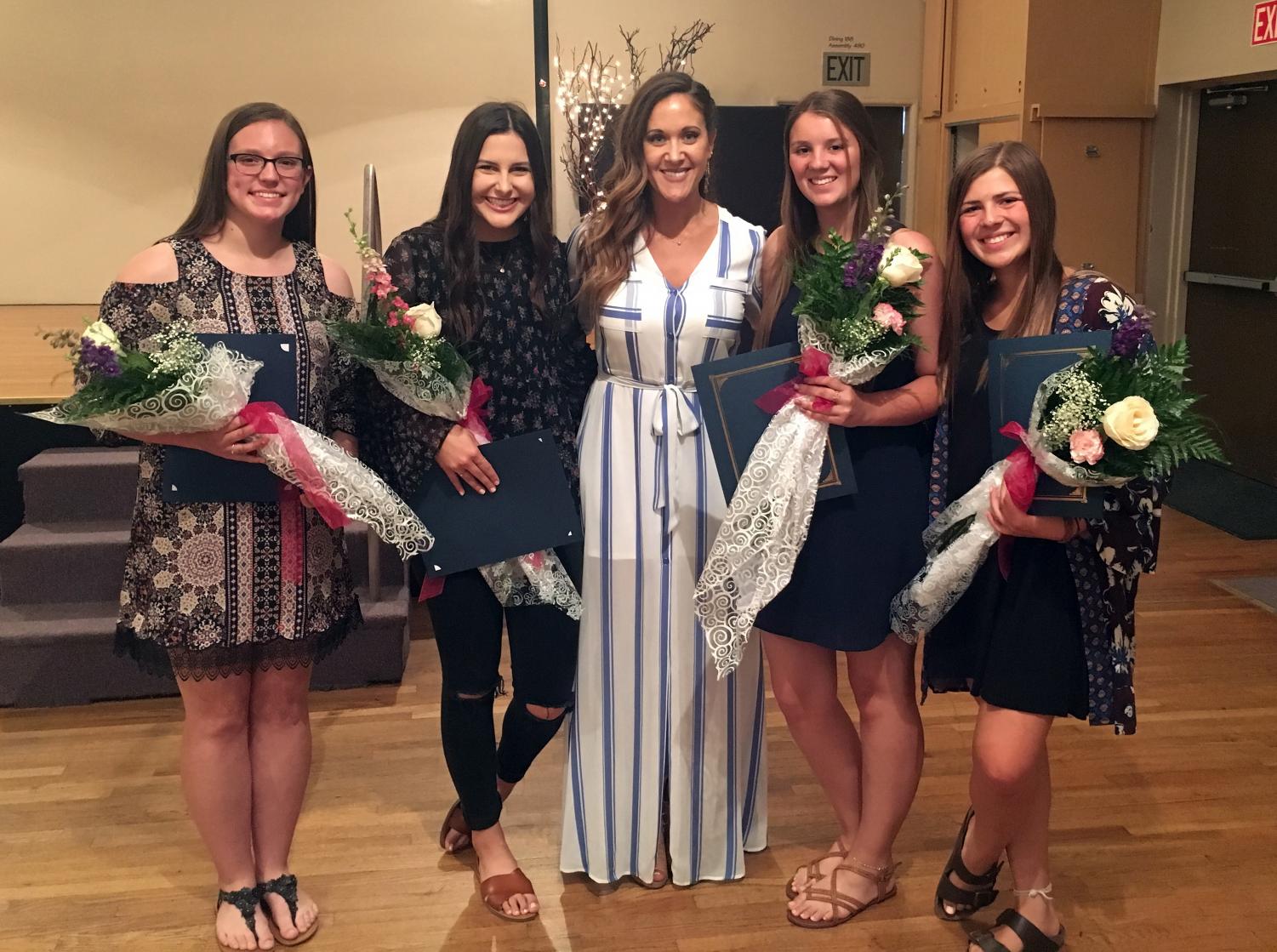 Emmy Lou Heber, S-Club Adviser, and the award recipients: Alison Moon (Grade 12), Madison Jordan (Grade 11), Regan Barnachia (Grade 10), and Emalyne Davis (Grade 9)