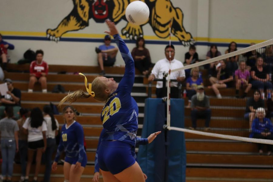Jv Girls volleyball very own Perla Botello and Destiny Gilmore contributing to their win against McFarland. Number 20, Destiny Gilmore with the intense spike. 