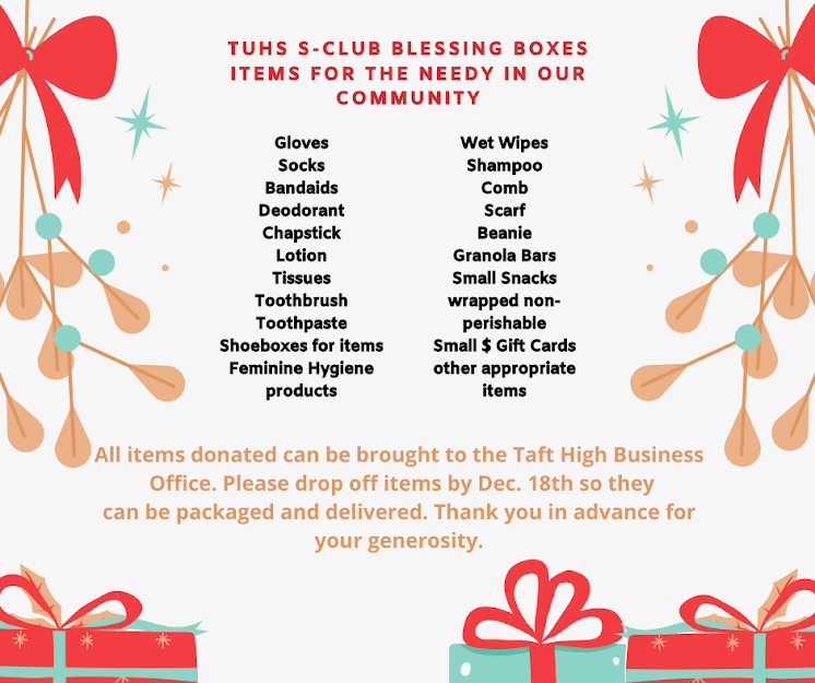 List of items that the S-Club has asked our community to donate.